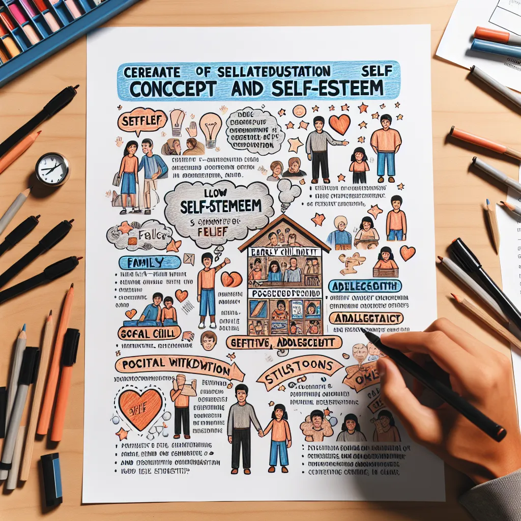 Here’s a concise overview of the topics raised:

### 1.1 Relationship Between Self-Concept and Self-Esteem
Self-concept is how individuals perceive themselves, while self-esteem refers to the evaluation and feelings about that self-perception. Over time, both evolve through experiences and interactions. 

**Examples:**
1. **Early Childhood**: A child may view themselves as a “good artist” after receiving praise for their drawing. This enhances their self-esteem.
2. **Adolescence**: A teenager ma