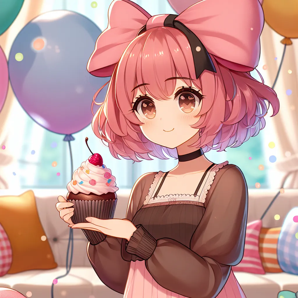 Illustration of Natsuki from Doki Doki Literature Club, smiling curiously while holding a cupcake, surrounded by colorful, whimsical balloons in a cozy, well-lit room.