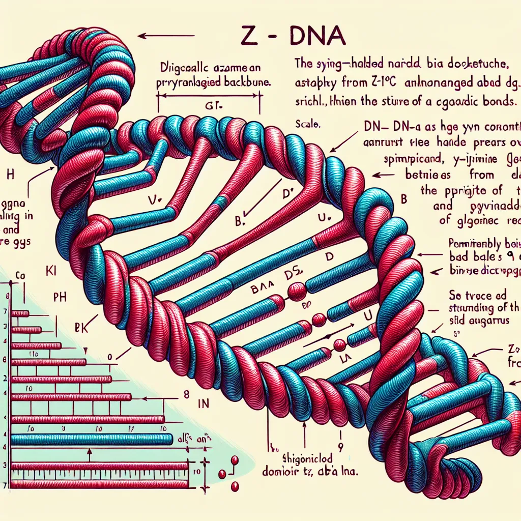 The narrow width of Z-DNA features a zigzagging backbone, which sets it apart from the smooth helical structure of A-DNA and B-DNA. Predominantly left-handed, this structure of Z-DNA arises from the syn conformation of its glycosidic bonds. With a helical diameter of around 18 angstroms, Z-DNA has a helical turn of 9 for pyrimidine base pairs and 10 for purine base pairs.