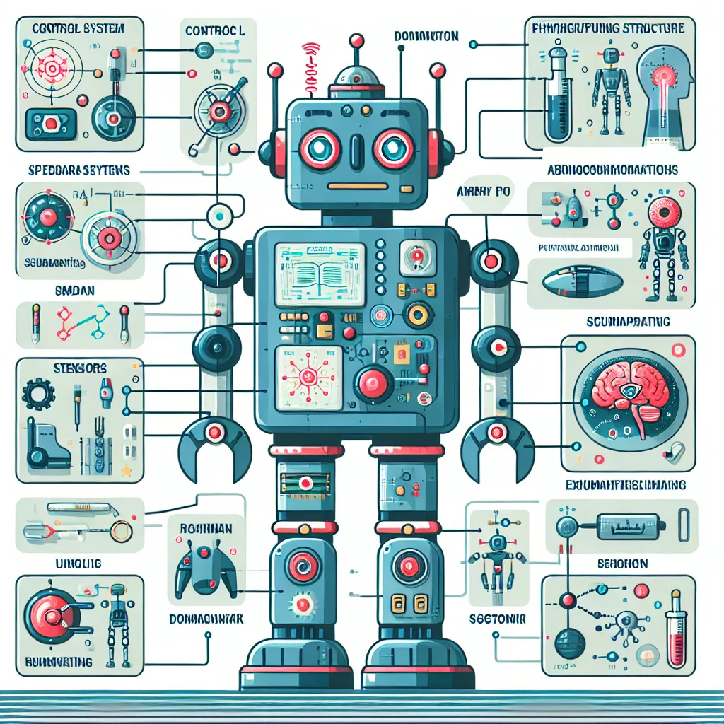 Illustration showing a robot with labeled parts: a control system, sensors, and physical structure, arranged in a simple, educational layout.