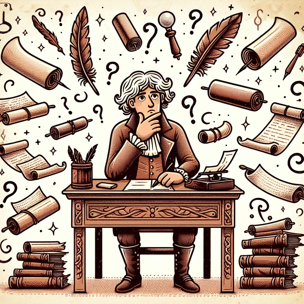 Illustration of a whimsical character sitting at a desk surrounded by scrolls and quills, pondering deep questions with a thoughtful expression.