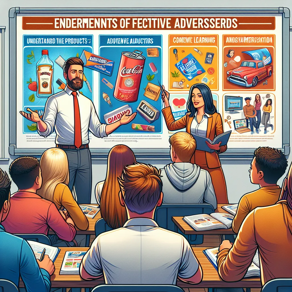 A mentor stands in front of the class, holding a vibrant advertisement poster. They begin by asking students to identify the products and emotions conveyed in various ads, creating an engaging discussion to hook their interest. The mentor then outlines the learning objectives: to understand the elements of effective advertisements and to analyze their impact on consumer behavior. They provide context by sharing examples from popular culture and social media, linking the lesson to real-life appli