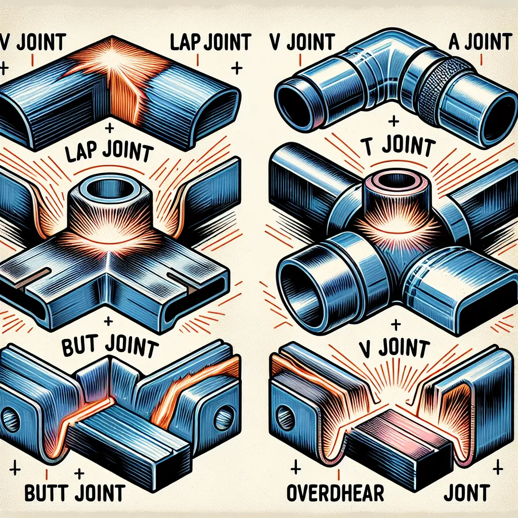 Illustration showing the different types of joints in welding: a lap joint, T joint, butt joint, and overhead joint, with a highlighted V groove at each type for comparison.