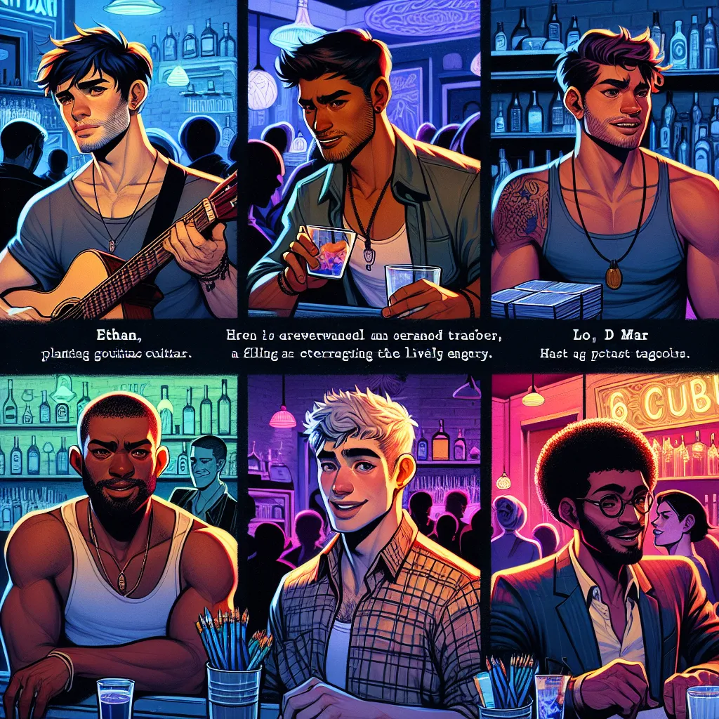 1. **Ethan - The Mysterious Musician**  
   *Backstory:* A talented but reclusive guitarist who moved to the town after personal tragedy. He finds solace in the club's vibrant atmosphere, often performing late at night. Initially withdrawn, he slowly opens up to the club owner, revealing his passion for music and his struggles with loss.

2. **Jasper - The Local Bartender**  
   *Backstory:* Charismatic and witty, Jasper has worked at the club since it opened. He's well-acquainted with the town'