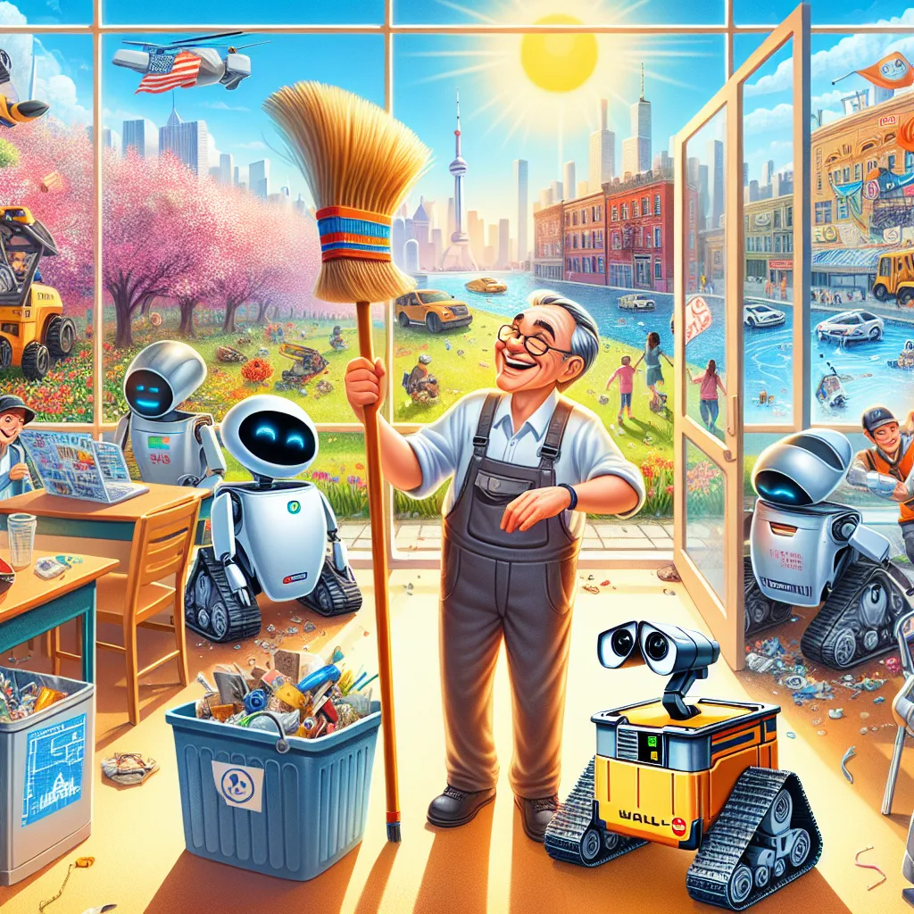 **Image Description:** A vibrant, bustling scene depicting a school janitor joyfully working alongside several WALL-E robots, efficiently cleaning up litter in a bright, sunny classroom. The janitor, a middle-aged man with a friendly smile, holds a broom while a WALL-E robot assists him by gathering trash into its container. Outside the window, another group of WALL-E robots presses garbage into neat cubes on a busy street in New York, with garbage trucks ready to collect them nearby. In the bac