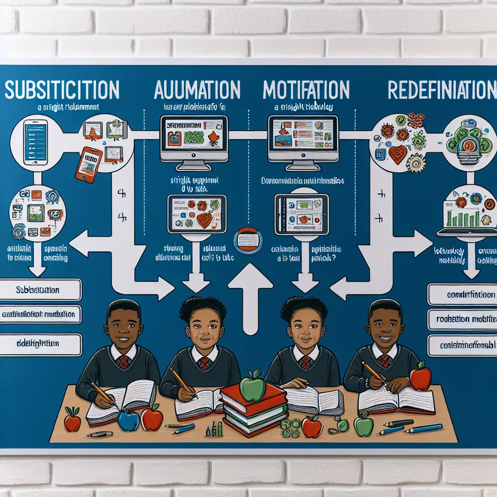 Infographic illustrating the SAMR model with examples of how South African educators can integrate technology into classroom activities at each level: Substitution, Augmentation, Modification, Redefinition.