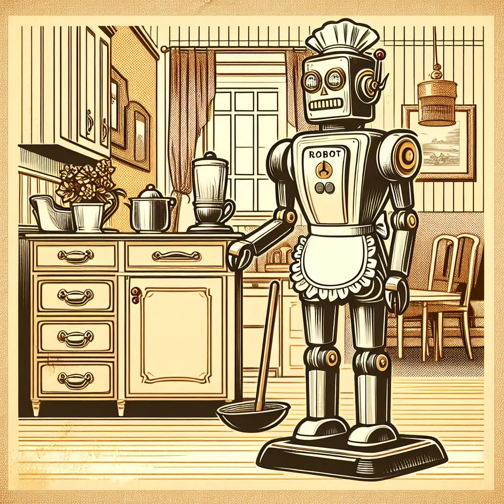 Illustration of a vintage-style robot resembling a servant, standing in a domestic setting, symbolizing its original meaning as a "servant."