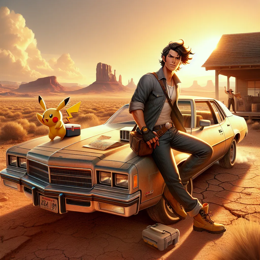 **Image Description:** A vibrant scene depicting Ash Ketchum as an adult, standing next to his vintage 1973 Oldsmobile Delta 88 in a vast wasteland. With Pikachu perched on the passenger seat, Ash gazes into the distance, a determined look on his face. The sun sets behind them, casting a warm glow. A small cooler and a map lie on the hood of the car, symbolizing their preparations for the journey ahead.

**Dialogue:**

**Ash:** (placing his hand on the car) “Alright, old friend, it’s just you an