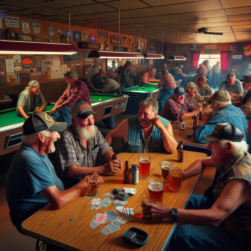 **Scene Description:**

Inside a bustling trucker bar in Arizona, truckers gather around a large wooden table, laughter and chatter filling the air as soothing music plays in the background. Billiards are being played at one end, while another group is engrossed in a game of cards. The atmosphere is warm, with the aroma of grilled meat and snacks wafting through.

**Dialogue:**

*Elderly Trucker:* "Hey, aren't you Peter Mills? We all know you! You taught those bandits a lesson they won't forget.