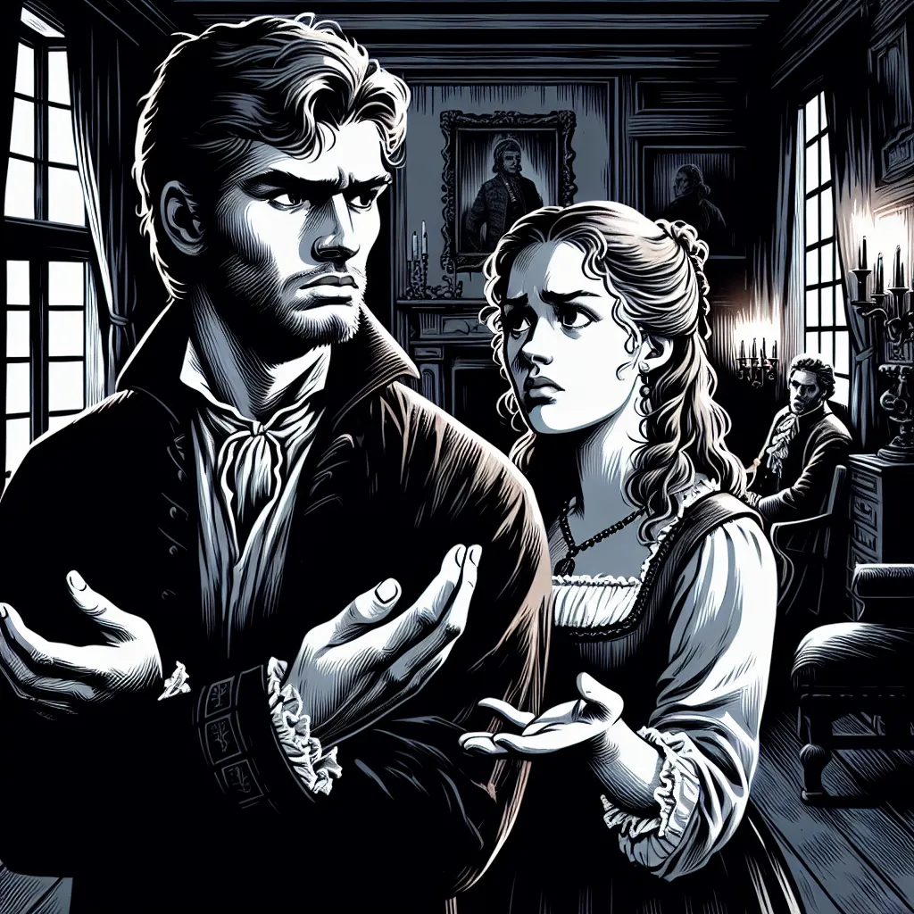 An illustration depicting a tense moment between John Proctor and Abigail Williams in a dimly lit 17th-century room, highlighting the conflict of love and betrayal.