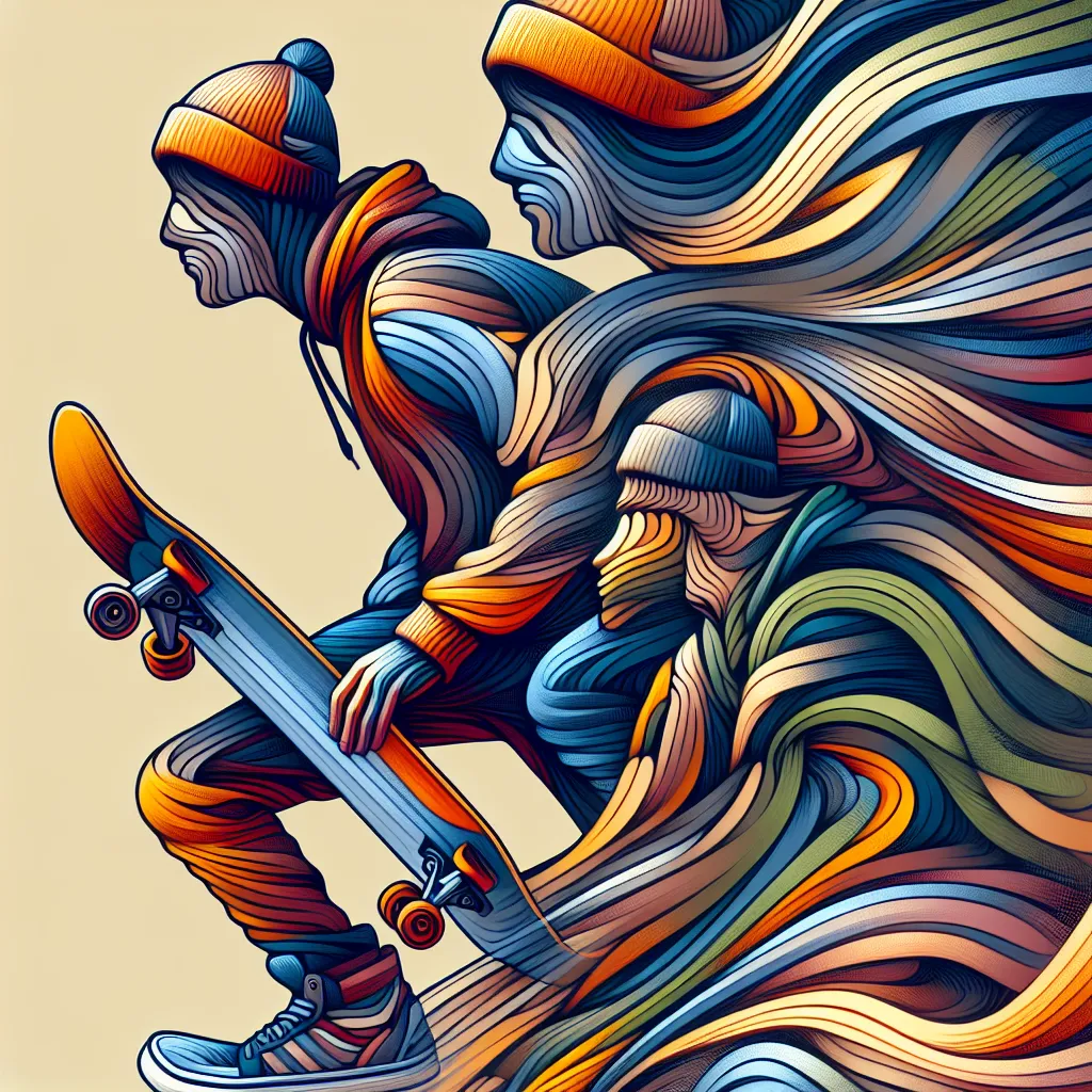 Certainly! Here are 5 words that summarize your request:

Transformation, Identity, Skateboarder, Reality, Alastor in an abstract style