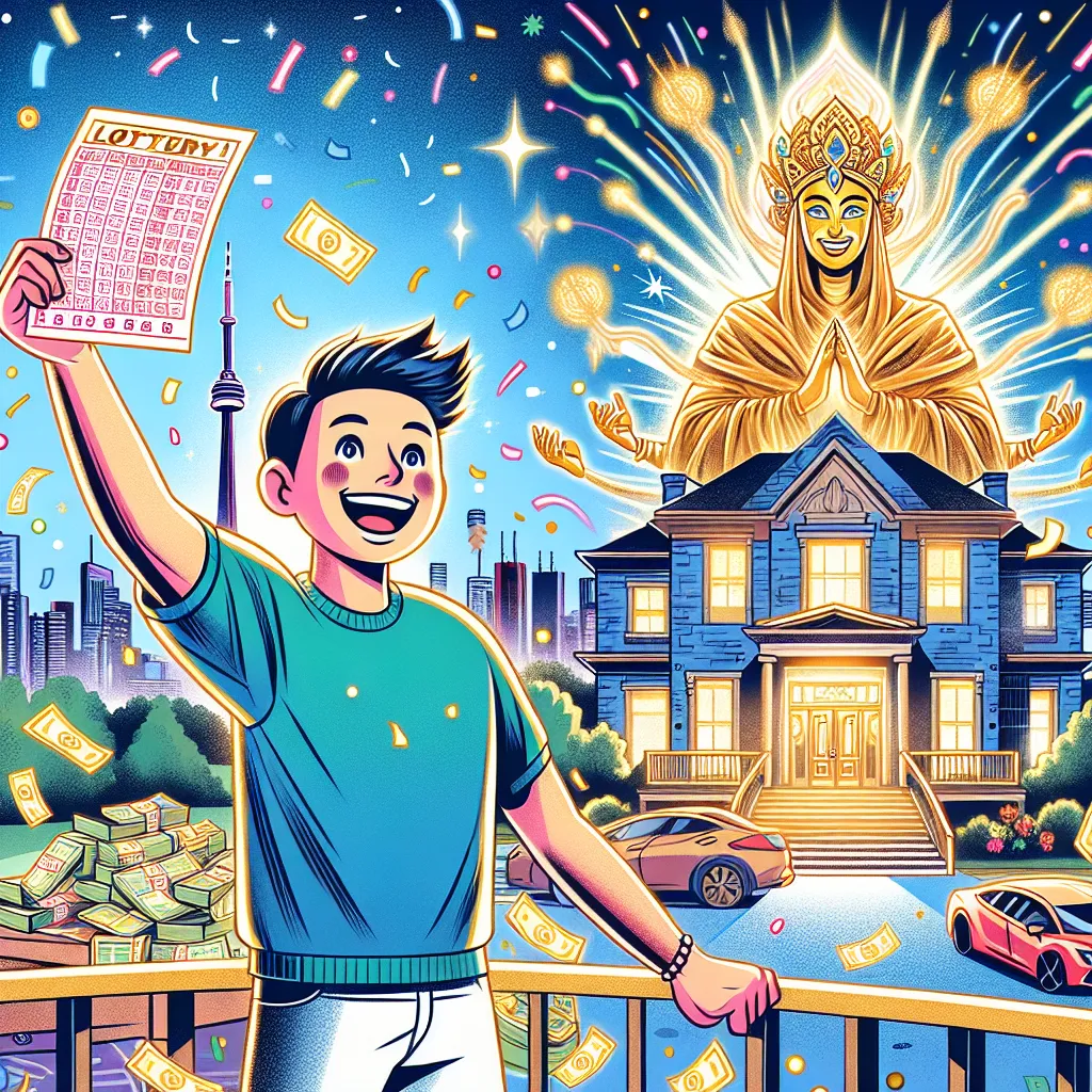Illustration of a joyful young person in Toronto holding a winning lottery ticket, surrounded by symbols of wealth like cash, a big house, and a celebratory atmosphere, with a mystical figure representing Lord Bubuza in the background.