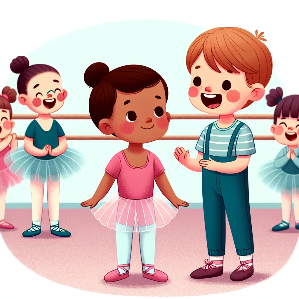 Illustration of a little brother reluctantly wearing a pink ballet leotard and tights with ballet slippers, standing in a dance studio surrounded by giggling girls in tutus, while his sister playfully encourages him to join the class.