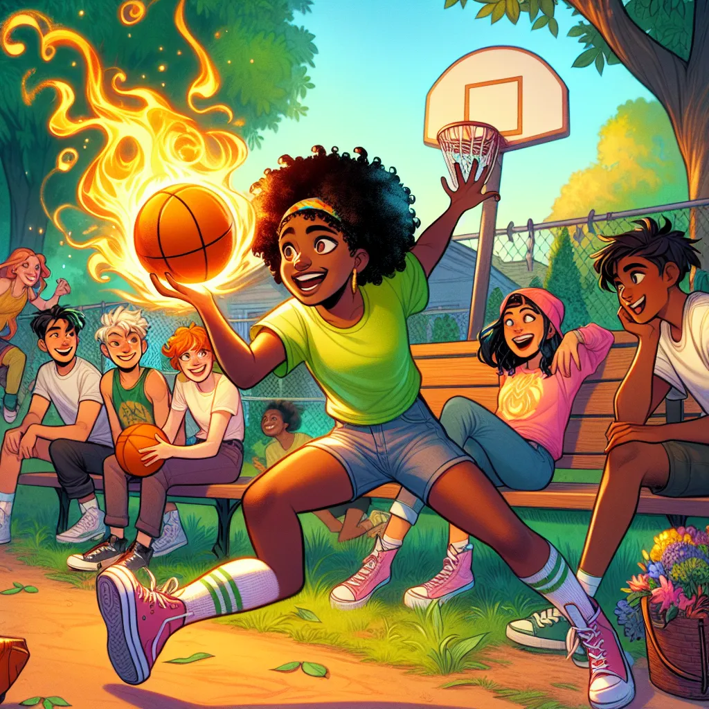 In Alfei’s vibrant backyard, Layla dribbled the basketball with joy, her laughter echoing in the warm sun. Nearby, the Winx sat on a bench, watching her play.

Bloom turned to her friends, “Basketball looks like so much fun! I want to join!”

Stella chuckled, “Go ahead, Bloom! Show us what you’ve got!”

As Bloom rose, she smiled, “Okay, here I go!” With a burst of energy, she dashed over to Layla. The two teamed up, but as Bloom excitedly tried to make a shot, her dragon flames accidentally igni