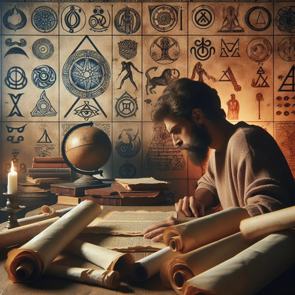 Illustration depicting a thoughtful scholar surrounded by ancient texts, with symbols representing various mythologies and philosophical teachings in the background.