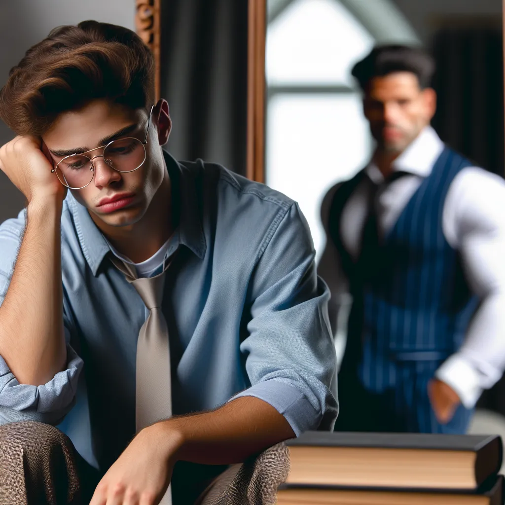 Imagen de un joven de 16 años con gafas, sentado solo con libros cerca, mirando tristemente al suelo mientras su padre, un hombre musculoso y vestido elegante, lo ignora en el fondo, enfocado en un espejo.