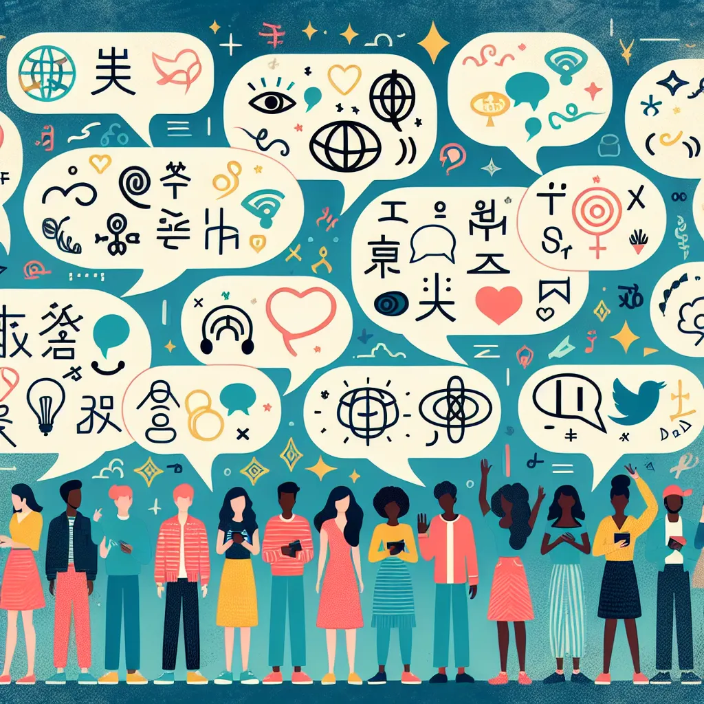 Illustration of diverse people communicating through speech bubbles filled with symbols and images, showcasing the importance of language in connecting cultures and ideas.