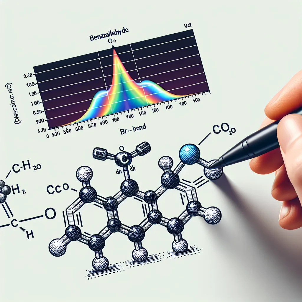 Illustration of the benzaldehyde molecule with the C=O bond highlighted and labeled, alongside an IR spectrum peak corresponding to the C=O bond.