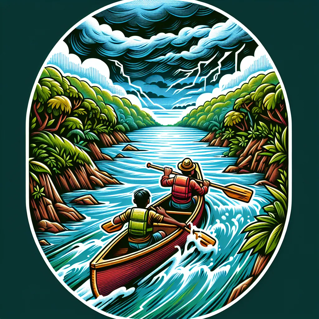 An illustration depicting two adventurous characters in a canoe on a river, surrounded by lush greenery, with a hint of potential danger in the distance, like storm clouds or rapids.