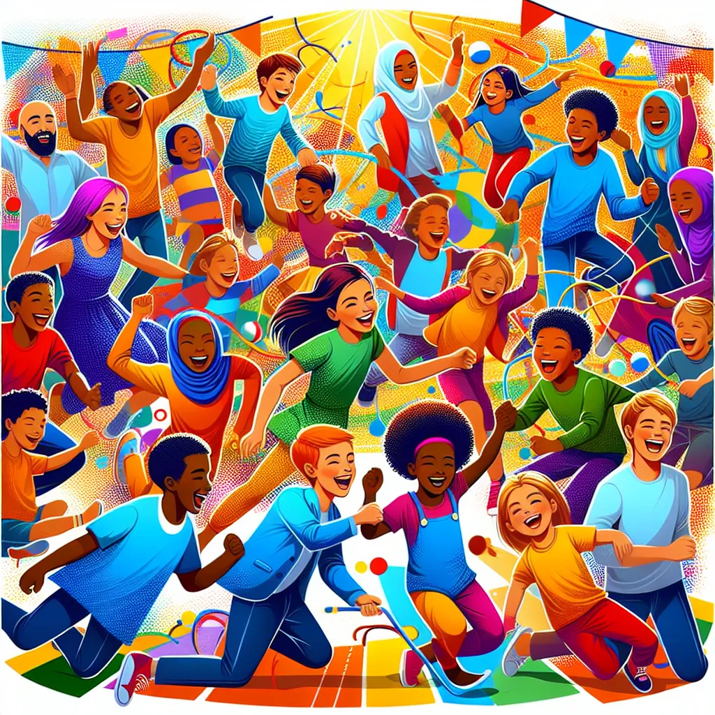 A vibrant illustration of a diverse group of children playing games and chatting, showcasing the essence of fun and connection.