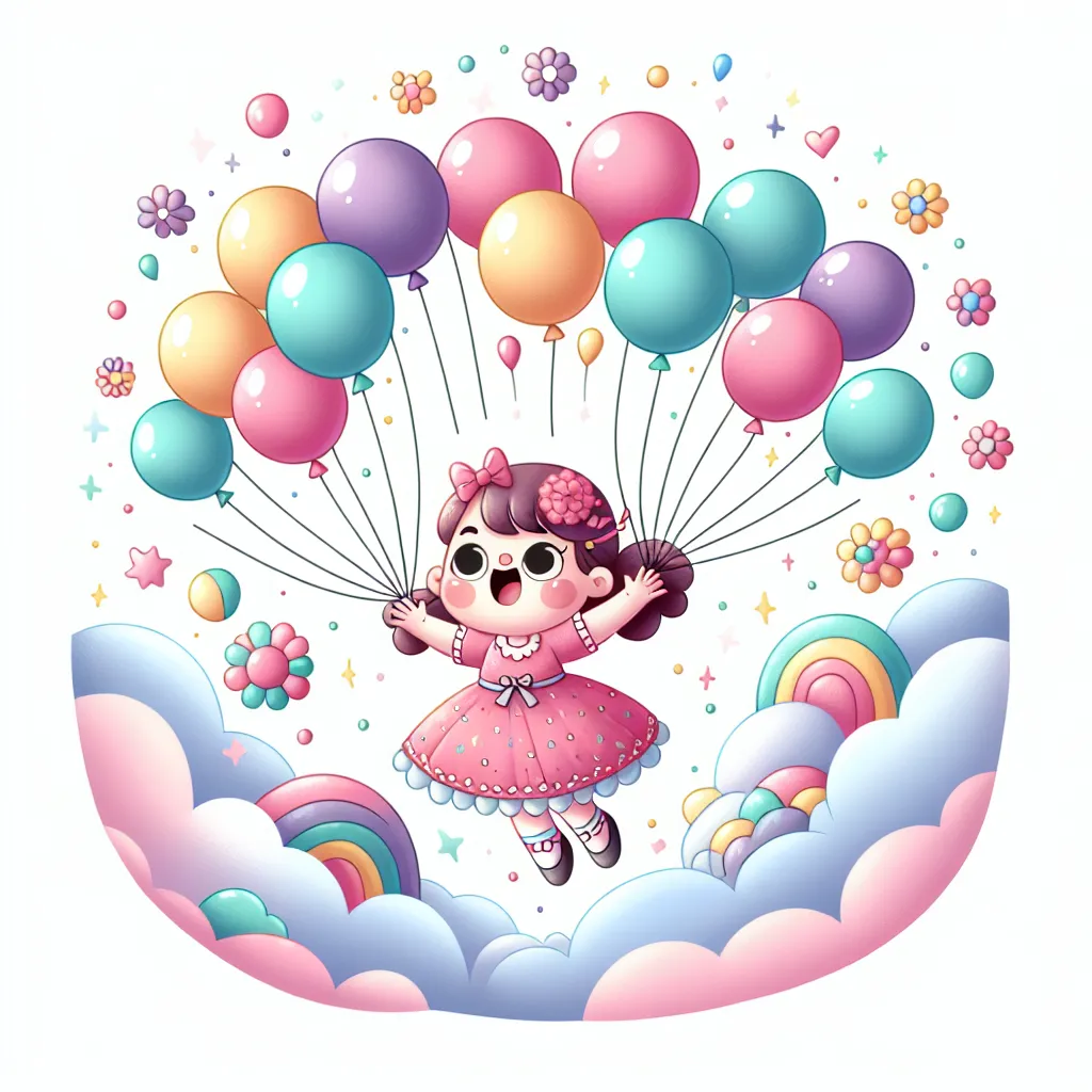 A whimsical illustration of a cheerful girl floating in the sky, surrounded by colorful balloons, with a surprised expression as she discovers her true nature.