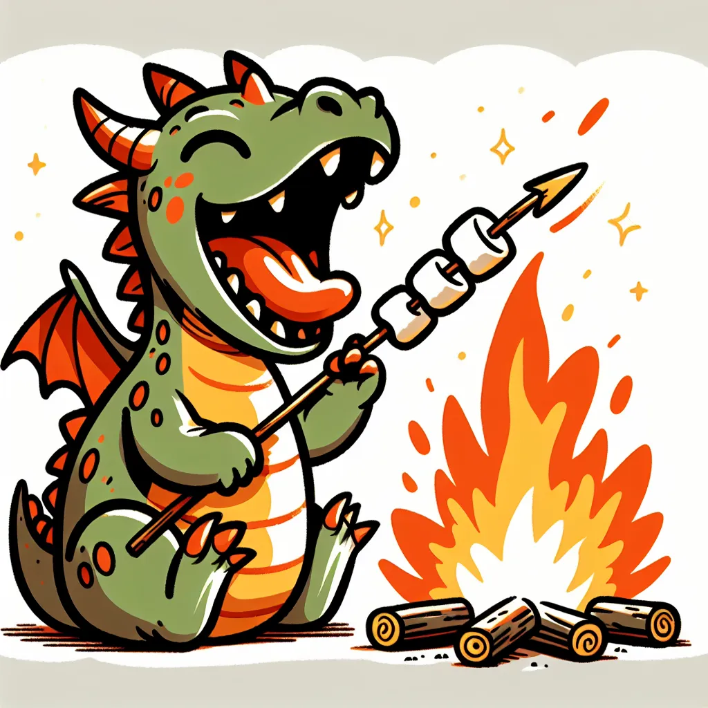 A cartoon of a fire-breathing dragon playfully roasting marshmallows over a campfire, with a cheeky grin.