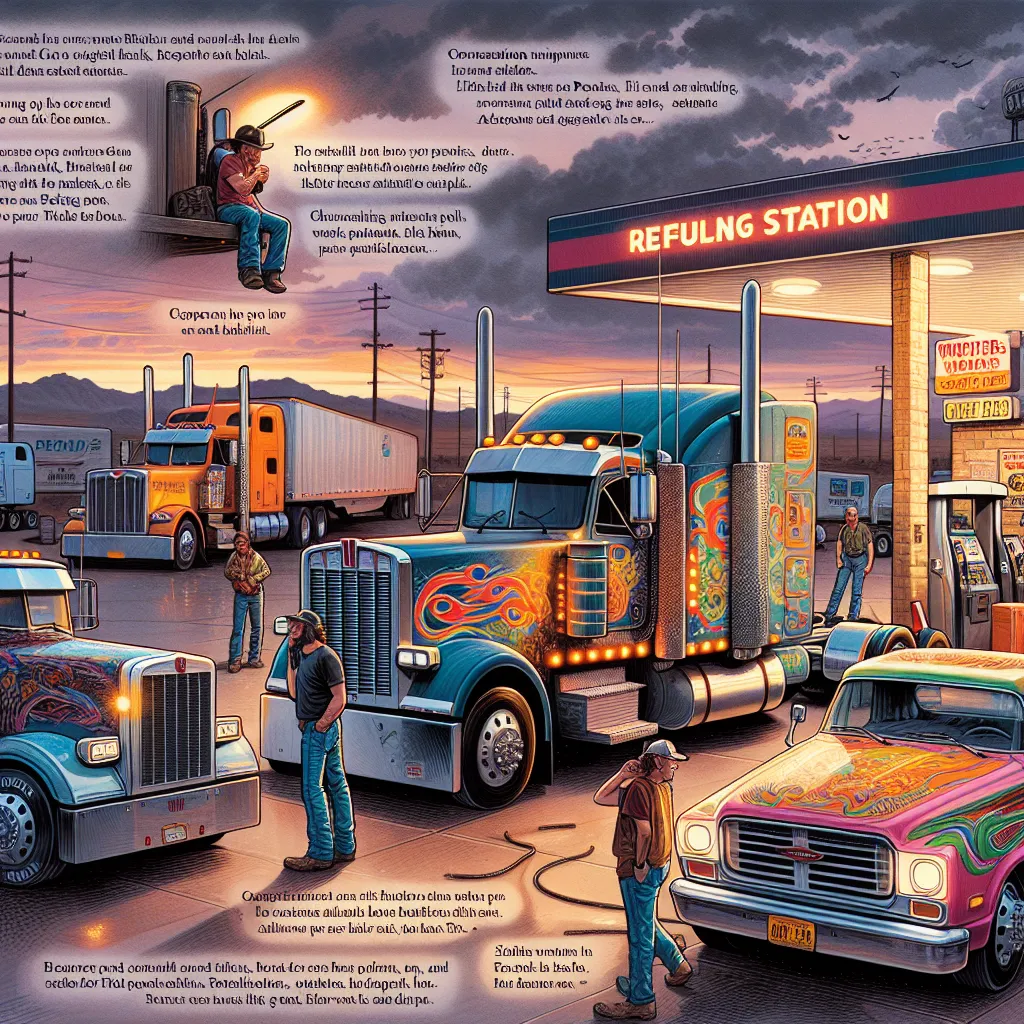 **Title:** A Night at the Truck Stop

**Description:** An illustration of a bustling truck refueling station in Arizona at dusk. Various truck models are parked, including a classic Kenworth W900, a heavy-duty Freightliner Cascadia, and a vibrant, custom-painted Western Star. The scene captures truckers chatting animatedly outside their vehicles, sharing stories and laughter. In the foreground, our main character, Jake, steps out of his Peterbilt 362, stretching his legs after a long drive. 

As