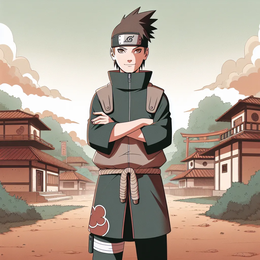 Ilustrasi Shikadai mengenakan pakaian Temari yang khas saat masih genin, berdiri dengan latar belakang desa Konoha.