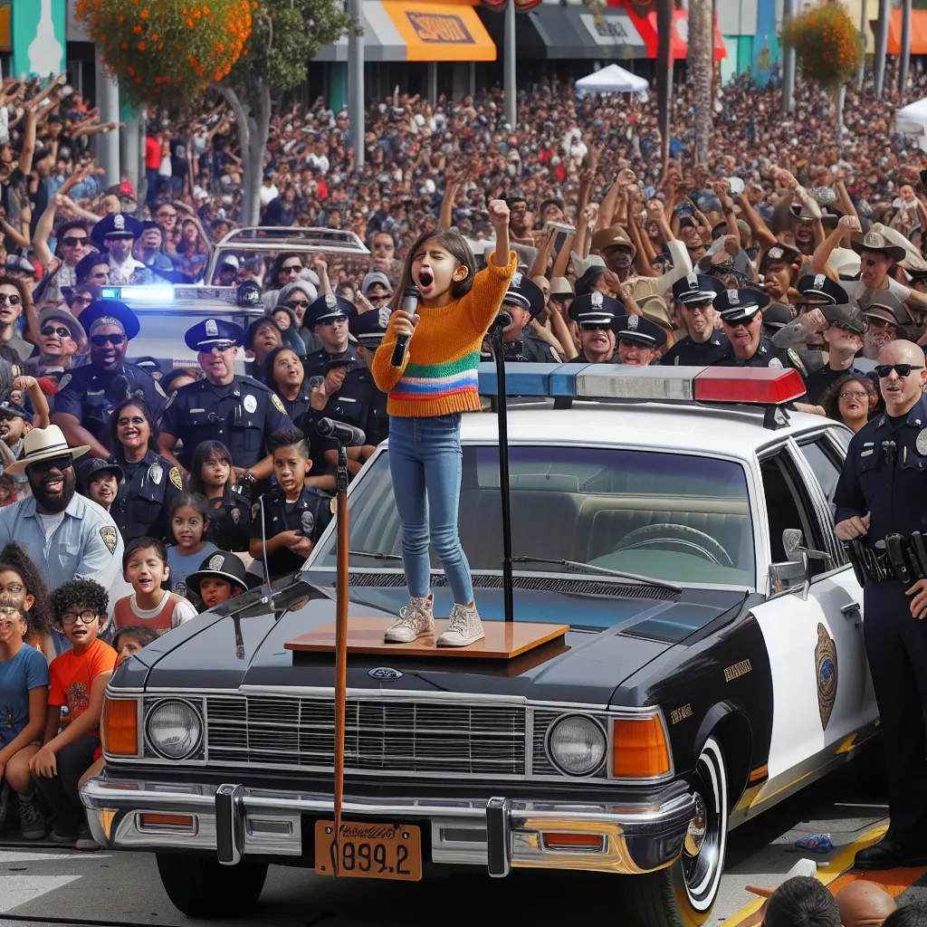 A festive scene at a parade celebrating the legacy of the Ford Crown Victoria as a police car, showcasing children and families gathered around vintage models. A young girl stands on stage with enthusiasm, expressing her love for the police and the iconic car, surrounded by cheering supporters. She passionately leads a catchy chant, highlighting the Crown Victoria's heroic role in law enforcement, as archival footage of the vehicle in action plays on a screen behind her. The atmosphere is filled