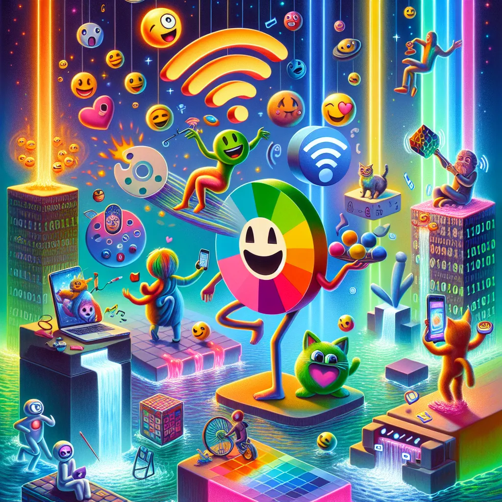 Illustration of a whimsical, surreal scene depicting various internet icons engaging in humorous antics.