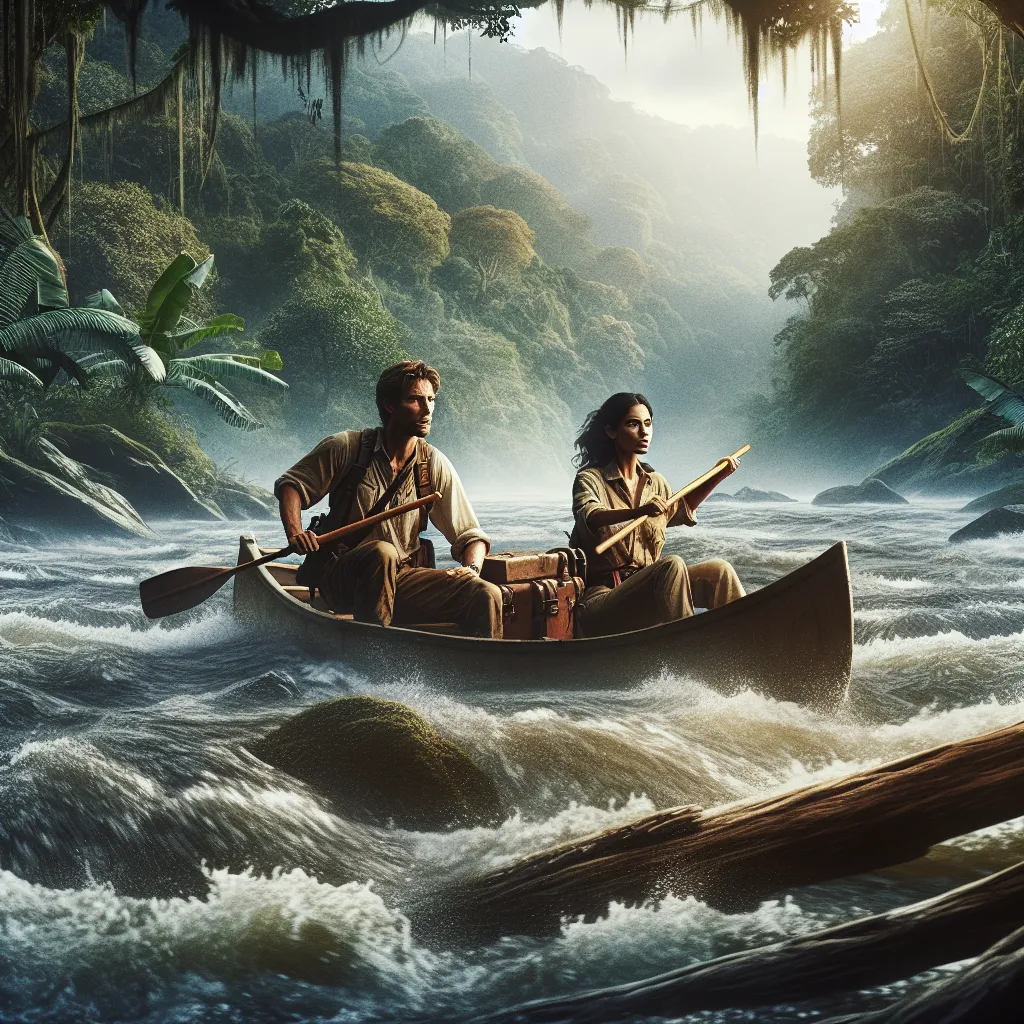 Illustration of two adventurers in a canoe on a river, surrounded by lush wilderness, with potential hazards like rapids and wildlife in the background.