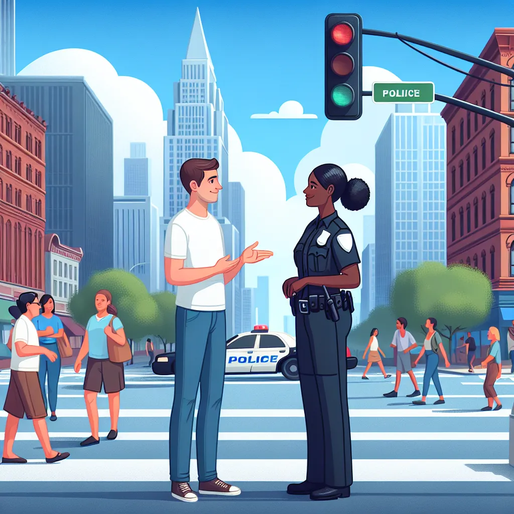 Illustration of a calm person interacting with a friendly police officer on a city street, emphasizing respectful communication.