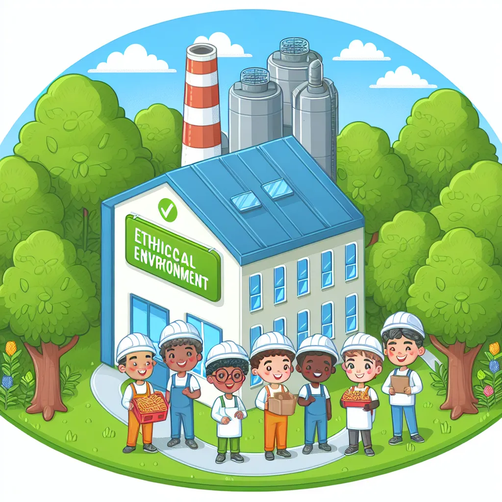 Illustration of a Little Debbie snack factory with a focus on a cheerful environment, emphasizing workers in a safe and ethical setting, surrounded by greenery to represent sustainability efforts.