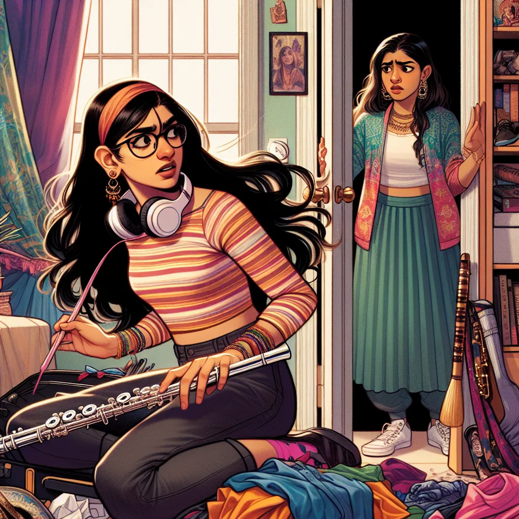 Illustration of Musa packing her room, surrounded by her headphones, flute, and clothes, while Aisha stands at the door looking concerned. The room has a mix of vibrant colors and personal items that reflect Musa's personality. The mood is tense as Musa expresses her feelings, while Aisha tries to reason with her.