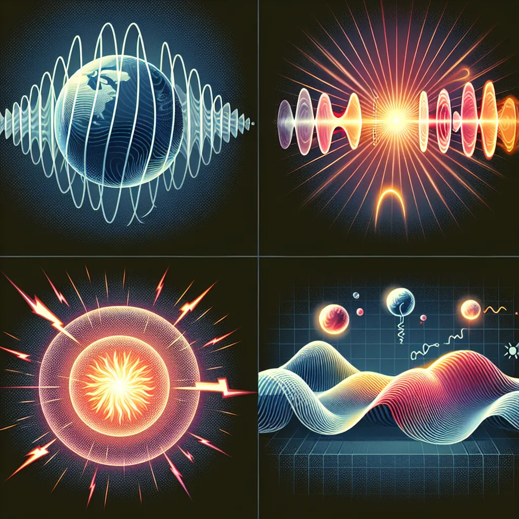 Illustration depicting various forms of energy transfer from mechanical energy, showing sound waves, light rays, and heat waves emanating from a moving object.