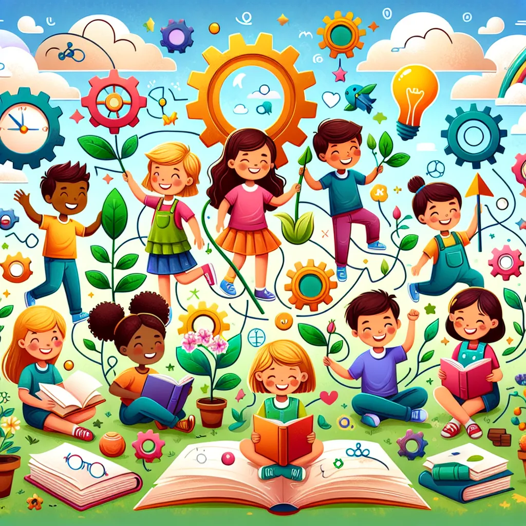 Illustration of diverse children engaged in various activities, surrounded by symbols of growth and learning, like books, plants, and gears.