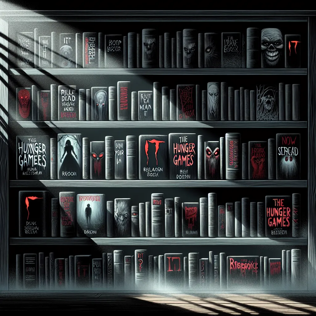 Illustration of a shadowy bookshelf filled with iconic horror and dread novels, featuring covers of 'IT' and 'The Hunger Games' prominently displayed, surrounded by eerie lighting and subtle ghostly figures.