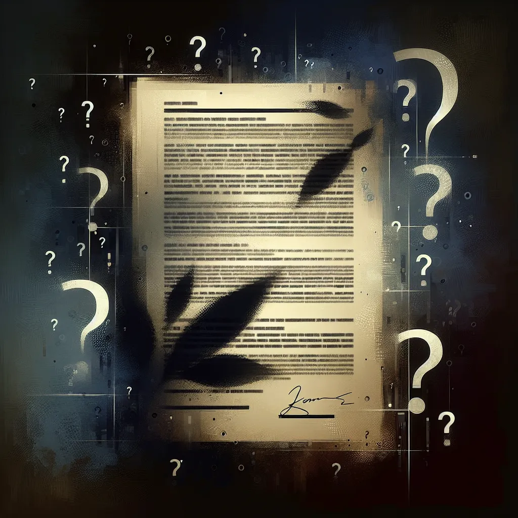 An abstract image depicting a mysterious document with blurred names, surrounded by shadows and question marks, representing intrigue and controversy.