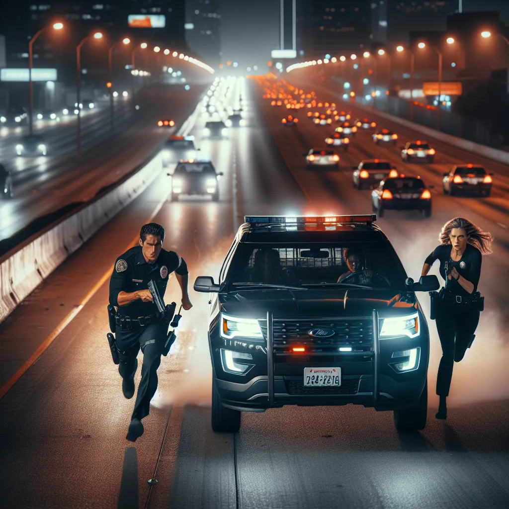 Image of a police chase at night in Los Angeles with two female officers in pursuit of a stolen police Ford Explorer being driven by a nearsighted man.