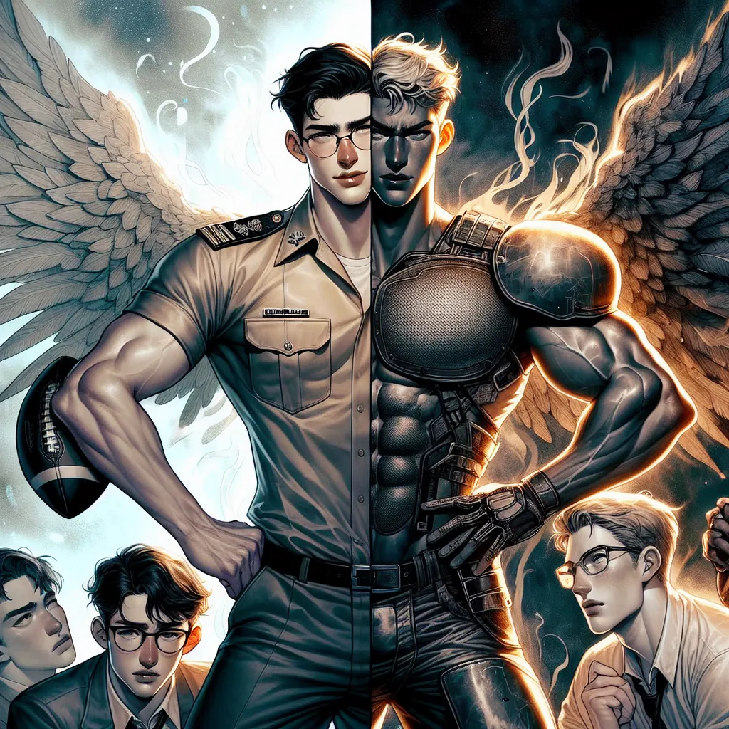 An intricate digital illustration depicting two attractive, muscular quarterbacks in military attire towering over a nerdy character in a school setting. The contrasting personalities of the angelic figure, resembling a handsome young man with a calm demeanor, and the demonic figure, with a brooding expression, are apparent. In the background, subtle hints of celestial and infernal themes blend, symbolizing their conflicted relationship. The scene captures a mix of tension and protectiveness, as