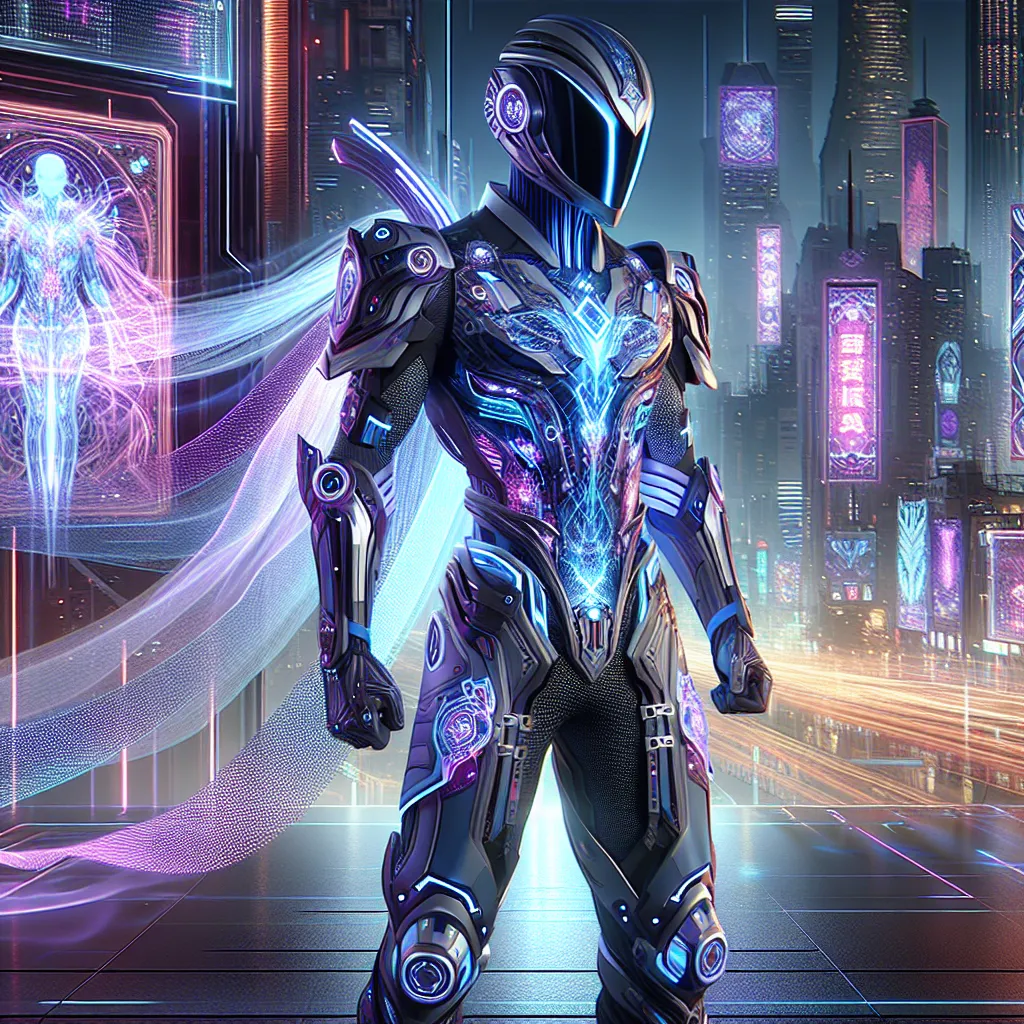 Digital illustration of a character wearing a sleek, futuristic skinsuit, blending elements of cyberpunk and fantasy styles.