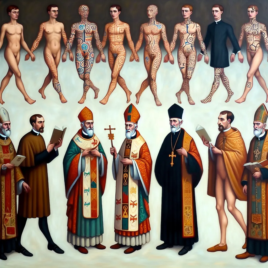 Historia, Body Swap, Sacerdotes, Actores, Identidad in an abstract style