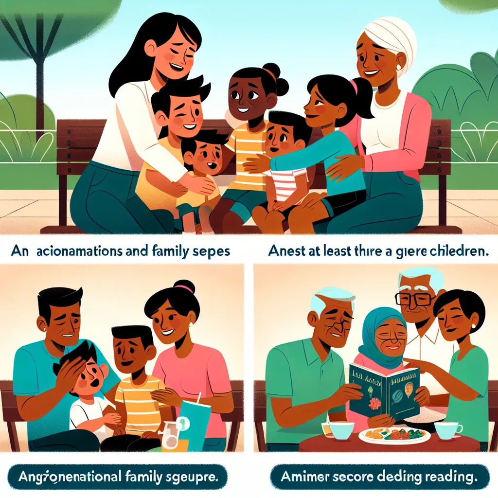 Illustration of three diverse family structures: a single parent with two children at a park, a multigenerational family eating dinner together, and two fathers reading to their children. Each image depicts loving interactions and different family dynamics.