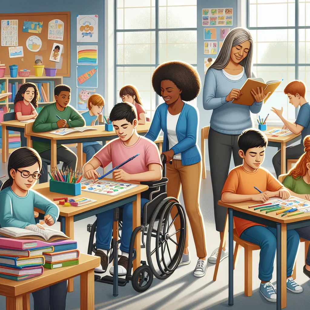 Illustration of a diverse classroom scene showing a teacher using adaptive tools for a student in a wheelchair while another student with learning disabilities engages with visual aids, fostering an inclusive learning environment for all abilities.