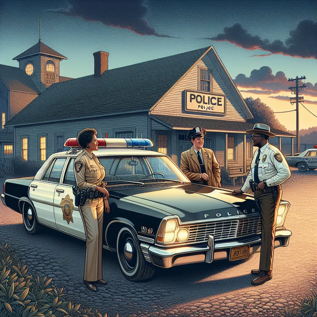 Illustration of a nostalgic scene featuring a classic Ford Crown Victoria police car parked in front of a small-town police station, with officers reminiscing about its legacy and iconic role in law enforcement over the years.