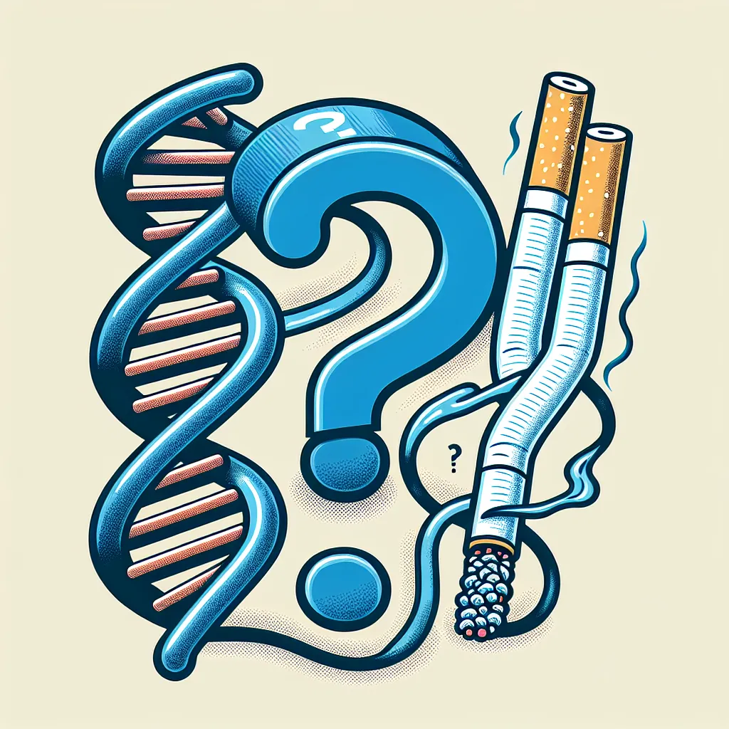 Illustration of a DNA strand alongside a cigarette, symbolizing the genetic links to cancer, with a question mark to represent personal risk assessment.