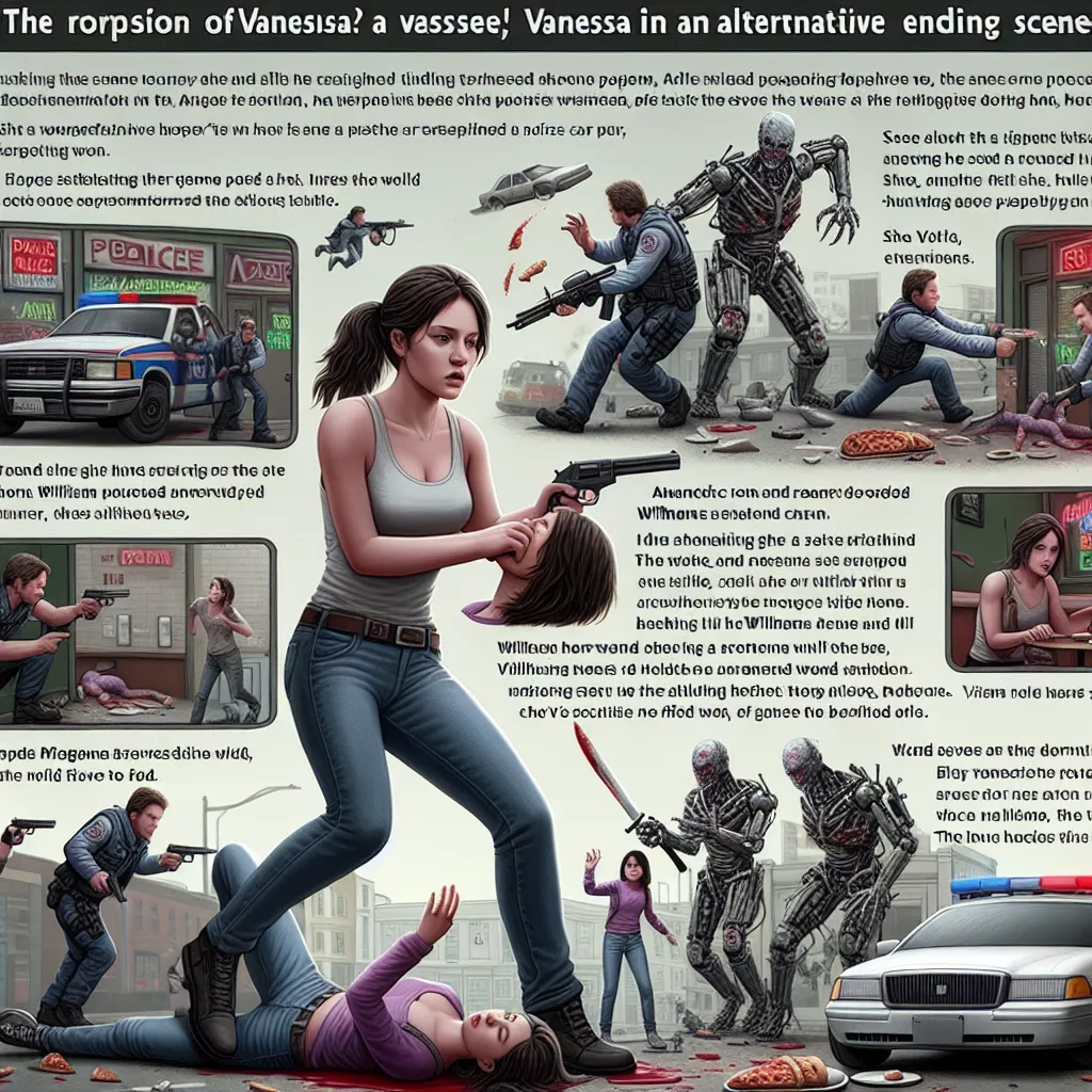 In this alternative ending, Vanessa finds herself in a tense situation at the police checkpoint. As she reloads Mike's shotgun, a sense of determination overtakes her. 

**Vanessa:** "Where are you going?" She asks Vance, who appears conflicted. 

**Vance:** "Wait, don't!"

**Vanessa:** “I’m William Afton’s daughter. He needs me. Let him have me!” 

With that, she jumps into a police car, and Vance makes a U-turn, but Vanessa is already on her way to Freddy Fazbear's to save Abby.

Once inside t