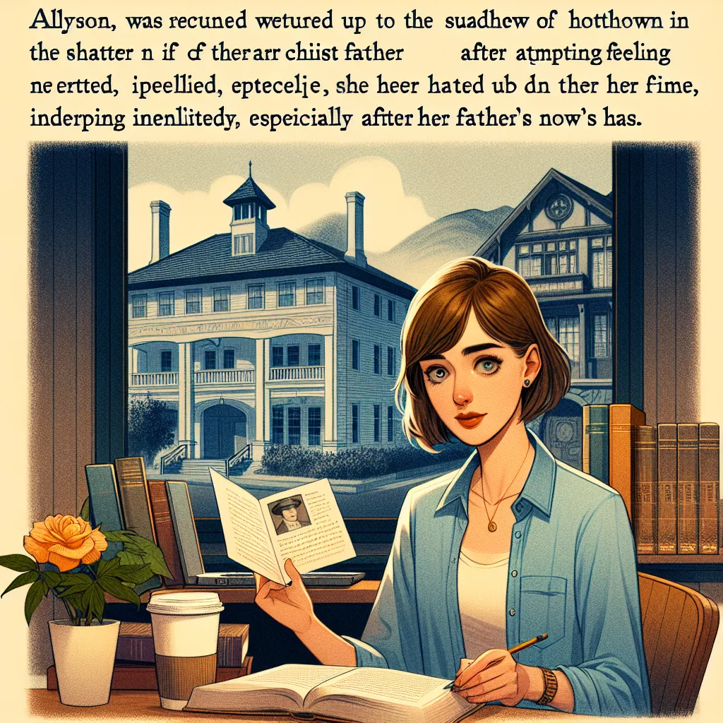 **Biography of Allyson Voss**

Allyson Voss, 26, recently returned to her quaint hometown in California after spending years in the bustling city trying to forge her own identity, separate from her father's imposing legacy as a renowned architect. Growing up in the shadow of his success, Allyson often felt neglected, especially following the passing of her mother during her childhood. 

The sudden news of her father's death, under mysterious circumstances despite his robust health, compelled her