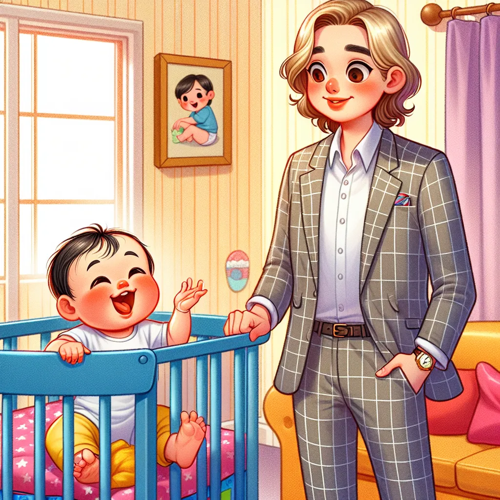 Illustration of a whimsical scene showing a babysitter and a baby magically swapping ages, with the babysitter now small and playful in a crib, and the baby, now big and dressed in adult clothes, looking puzzled in a living room.