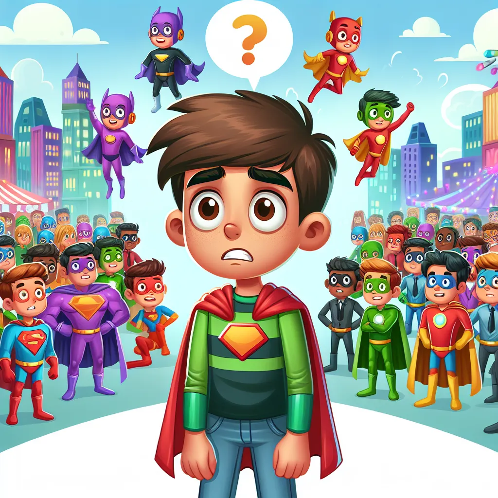Illustration of a cartoon scene depicting a confused young boy resembling Henery Hart, dressed in a colorful superhero outfit, surrounded by vibrant superheroes from the Thundermans universe, with a whimsical city in the background.